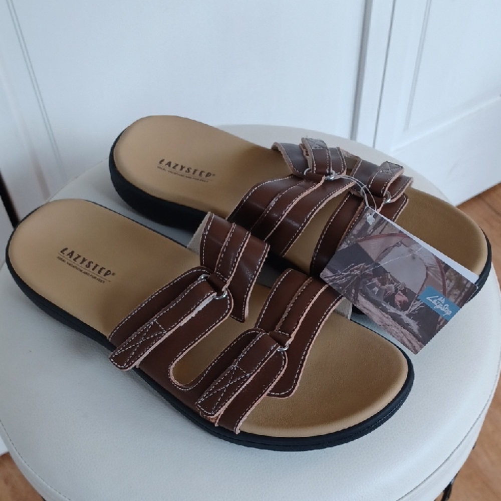 Brown Slide Sandals with White Stitching Size 11 Lazy Steps
